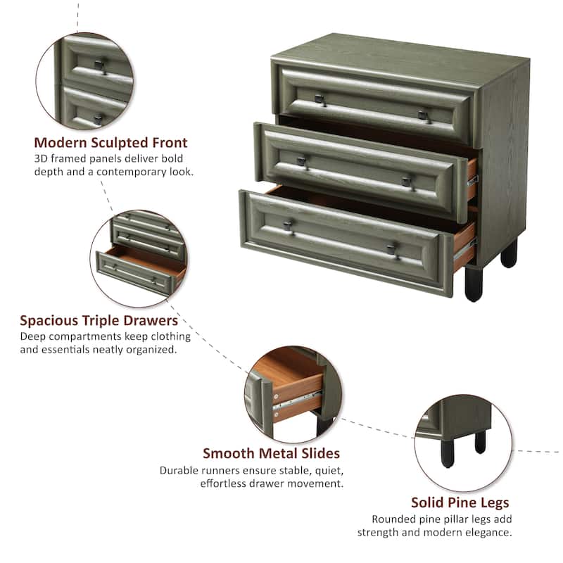 COZAYH Modern Geometric Dresser with Textured Frame Fronts, Contemporary Nightstand Featuring Rounded Pillar Pine Wood Legs