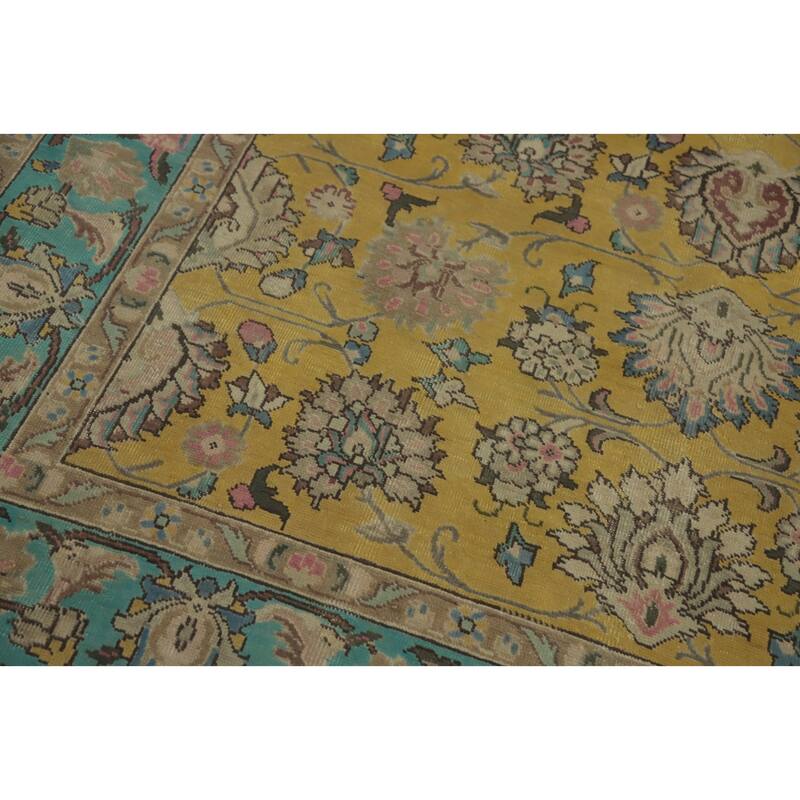 Hand Knotted Oriental 100% Wool Carpet Traditional Floral Yellow & Gold Tabriz Area Rug - 9' 0'' X 6' 4''