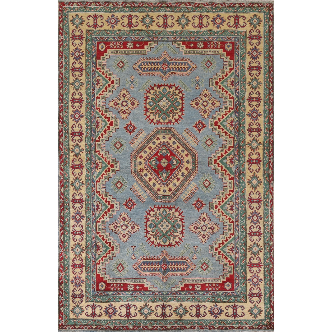 Hand Knotted Oriental 100% Wool Carpet Traditional Geometric Navy Blue & Blues Kazak Area Rug - 9' 9'' X 6' 6''