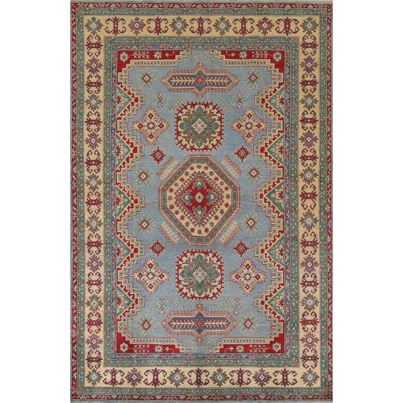 Hand Knotted Oriental 100% Wool Carpet Traditional Geometric Navy Blue & Blues Kazak Area Rug - 9' 9'' X 6' 6''