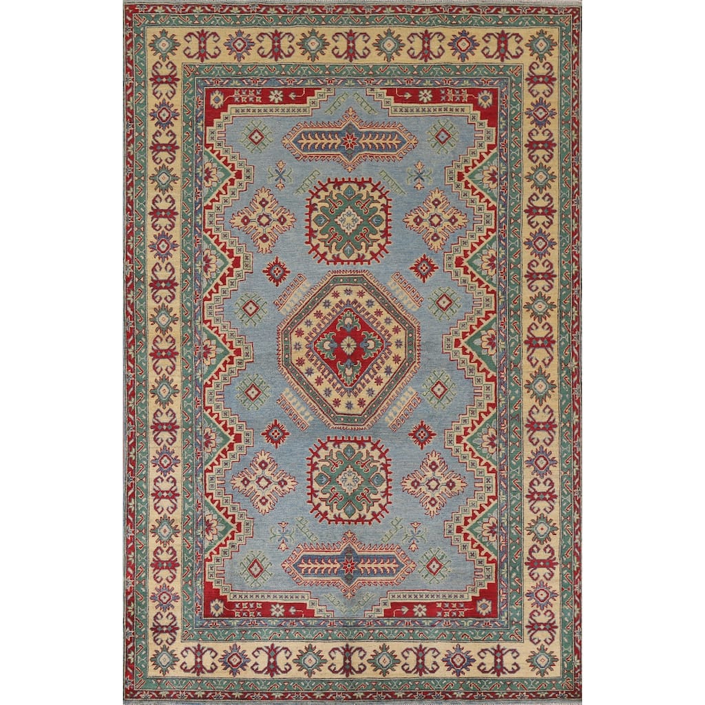 Hand Knotted Oriental 100% Wool Carpet Traditional Geometric Navy Blue & Blues Kazak Area Rug - 9' 9'' X 6' 6''