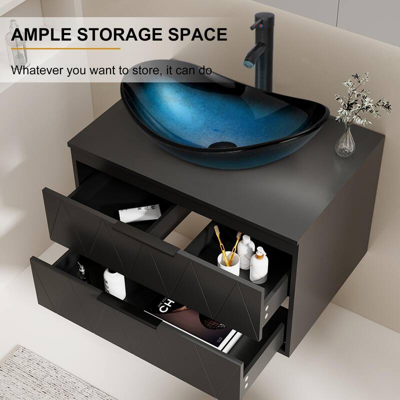 Modern Wall Mounted Bathroom Vanity Set with Vessel Sink & Faucet