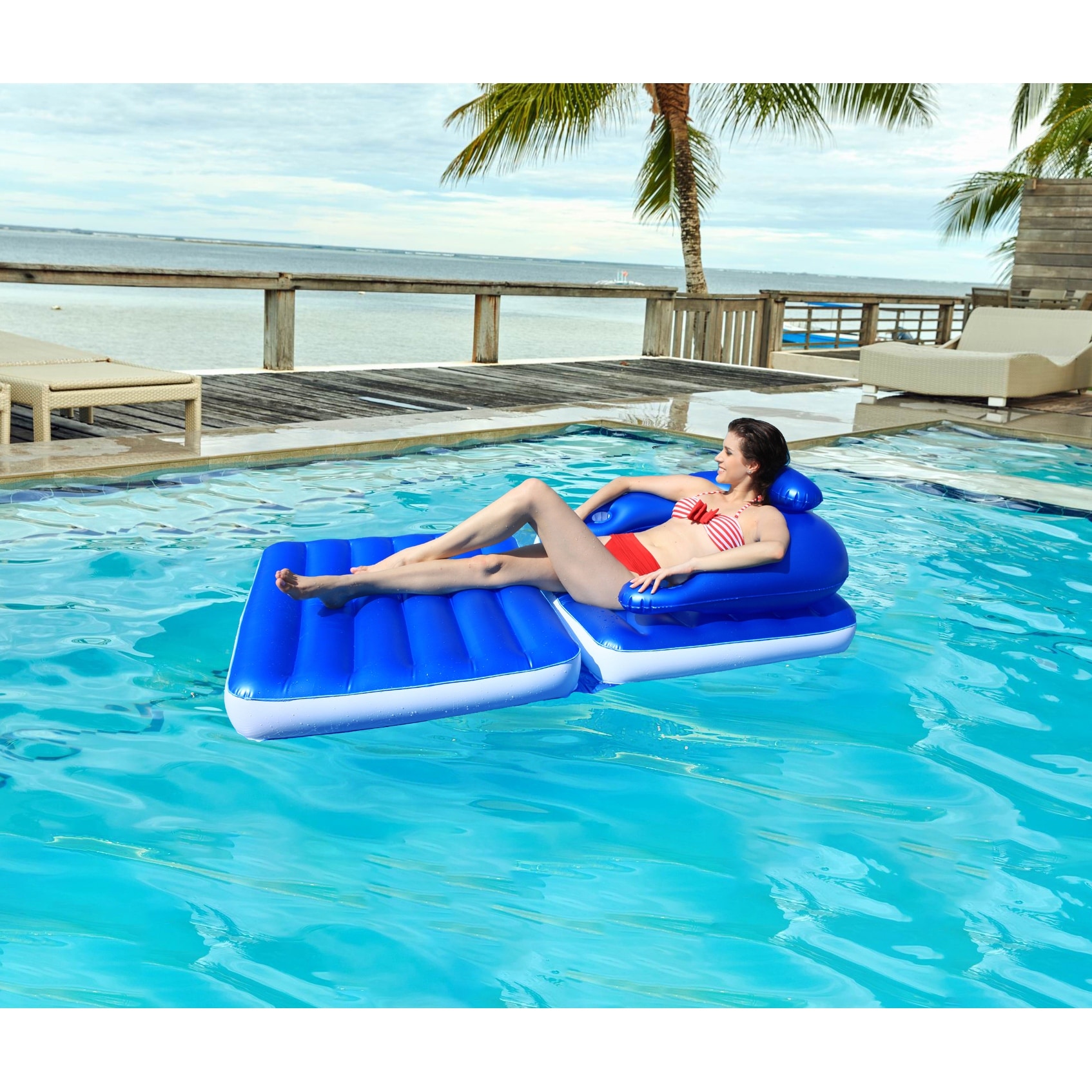 74" Blue Convertible Lounge Chair Inflatable Swimming Pool Float