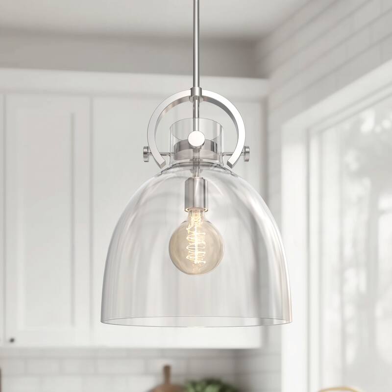 YANSUN 1-Light Hanging Pendant Light, 12-Inch Clear Glass Bell Shade, Nickel Finish, Ideal for Contemporary Home Décor