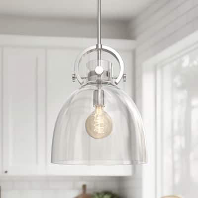 YANSUN 1-Light Hanging Pendant Light, 12-Inch Clear Glass Bell Shade, Nickel Finish, Ideal for Contemporary Home Décor