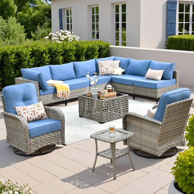 OVIOS 10 Pieces Outdoor Wicker Swivel Chair Set With Solar-Powered Coffee Table