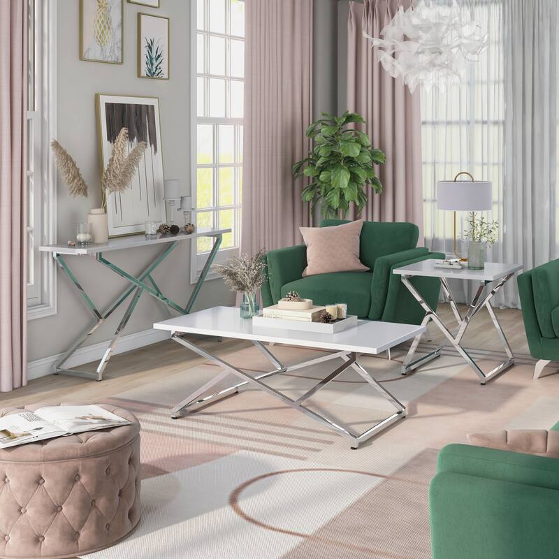 Cano Glam White Steel 3-Piece Living Room Table Set by Furniture of America