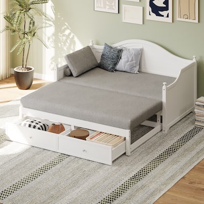 Twin Size Wood Daybed Extended Bed with Storage Drawers Wooden Sofa Bed for Living Room Guest Room