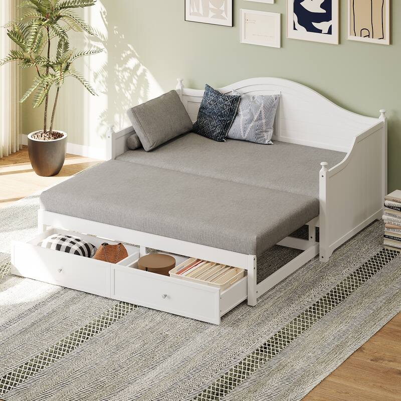 Twin-Size Wooden Daybed with Extendable Feature and Storage Drawers - Convertible Sofa Bed for Living Room or Guest Room.