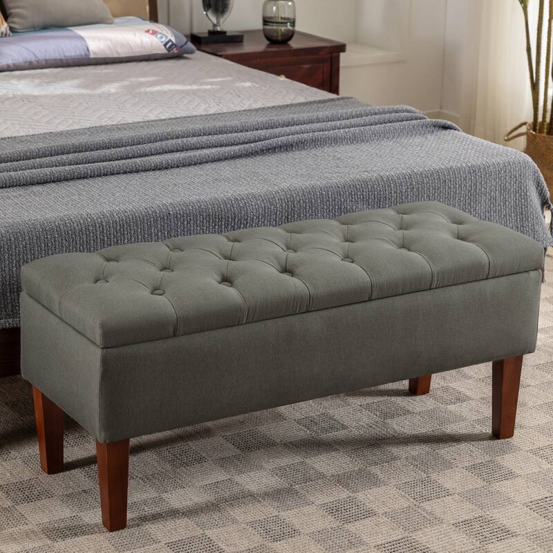 Porthos Home Ugo Fabric Storage Ottoman Bench with Rubberwood Legs - Dark Grey