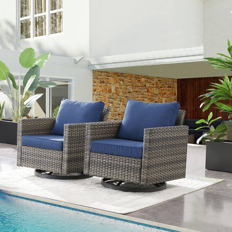 Gymojoy Wicker Swivel Glider Chair with 4 inch Olefin Cushions - 2-Piece - Grey Wicker / Blue Cusion
