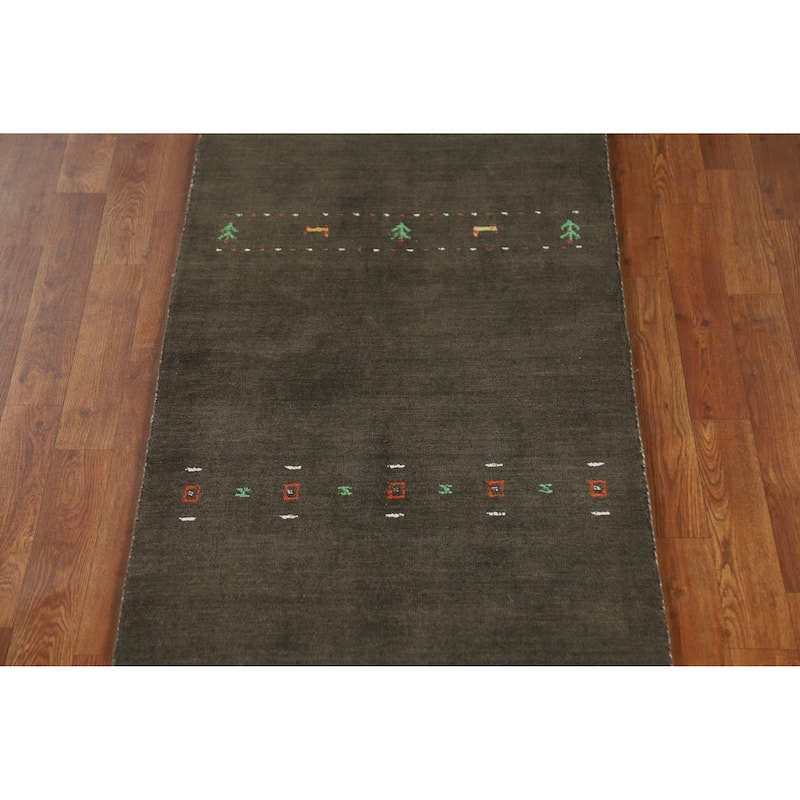 Little Animals Green Gabbeh Indian Runner Rug Hand-Knotted Wool Carpet - 2'4" x 9'2"