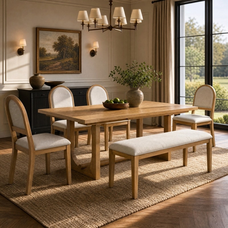 Farmhouse 6-Piece Solid Wood Extendable Dining Table Set with 4 Upholstered Chairs and Bench for Dining Room