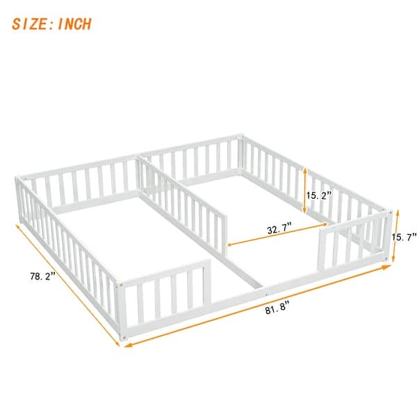dimension image slide 2 of 3, Double Twin Floor Bed with Fence, Guardrails, Without Door