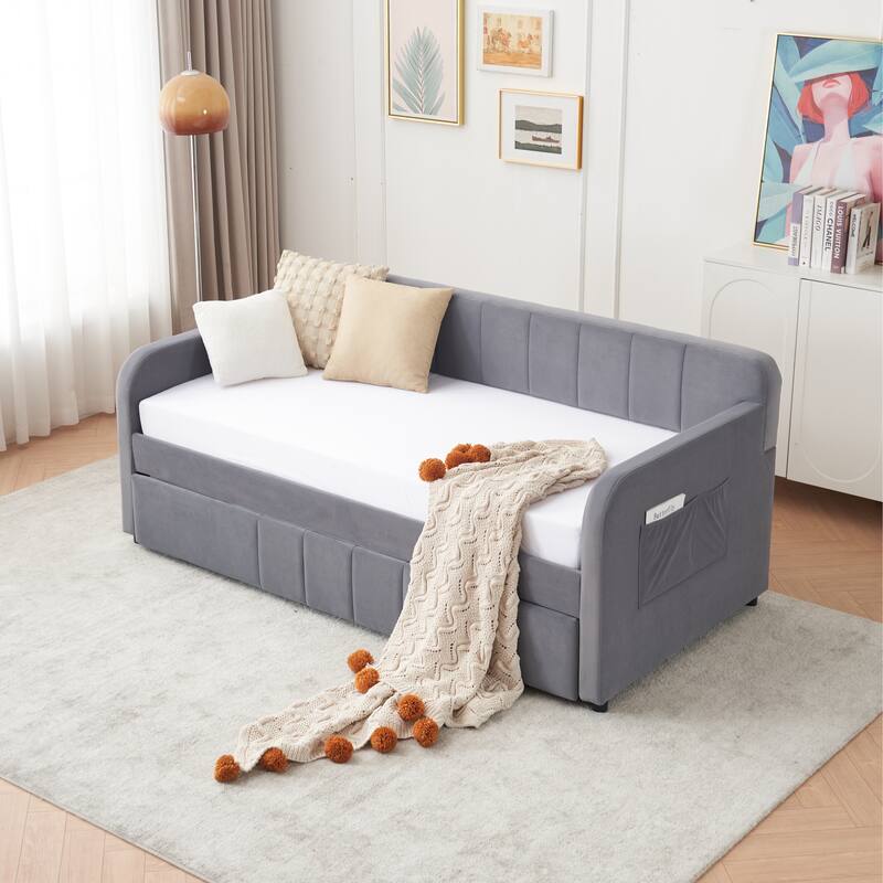 Twin Size Velvet Upholstered Daybed, Wood Sofa Bed Frame Daybed Couch with Trundle Bed and Wood Slat