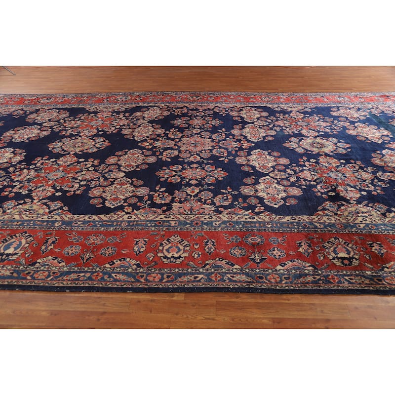 Hand Knotted Oriental 100% Wool Carpet Traditional Floral Navy Blue & Blues Sarouk Area Rug - 18' 7'' X 11' 1''