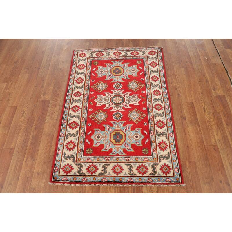 Red Kazak Foyer Rug Hand-Knotted Geometric Bedroom Wool Carpet - 2'8"x 3'11"