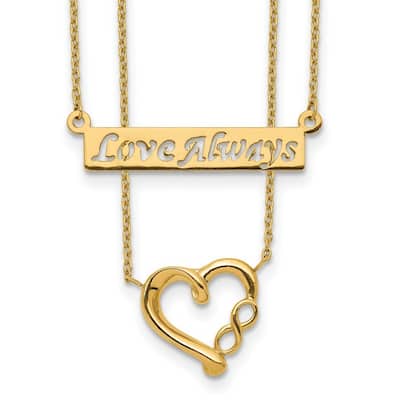 Curata 14k Yellow Gold Two strand Polished Love Always Heart Necklace (5mm x 24mm), 17"
