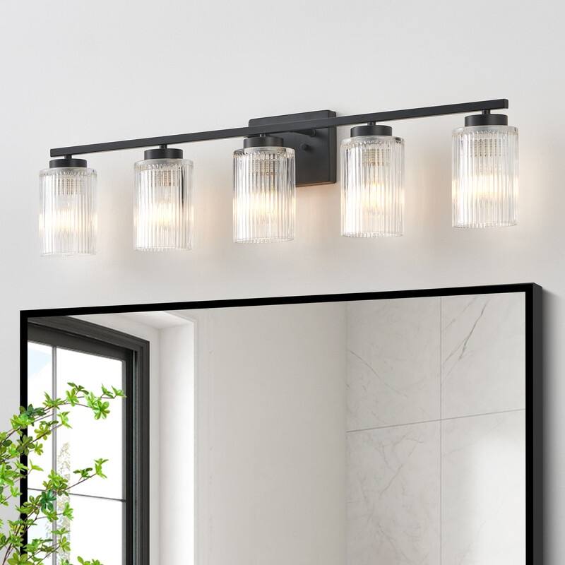 KAWOTI Modern Vanity Light with Cylinder Ribbed Glass Shade - 5-Light(W35.5") - Matte Black