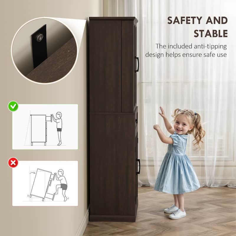 HOMCOM 71" LED Kitchen Pantry Cabinet, Farmhouse Tall Freestanding Storage Cabinet with Door Shelves for Kitchen and Dining Room