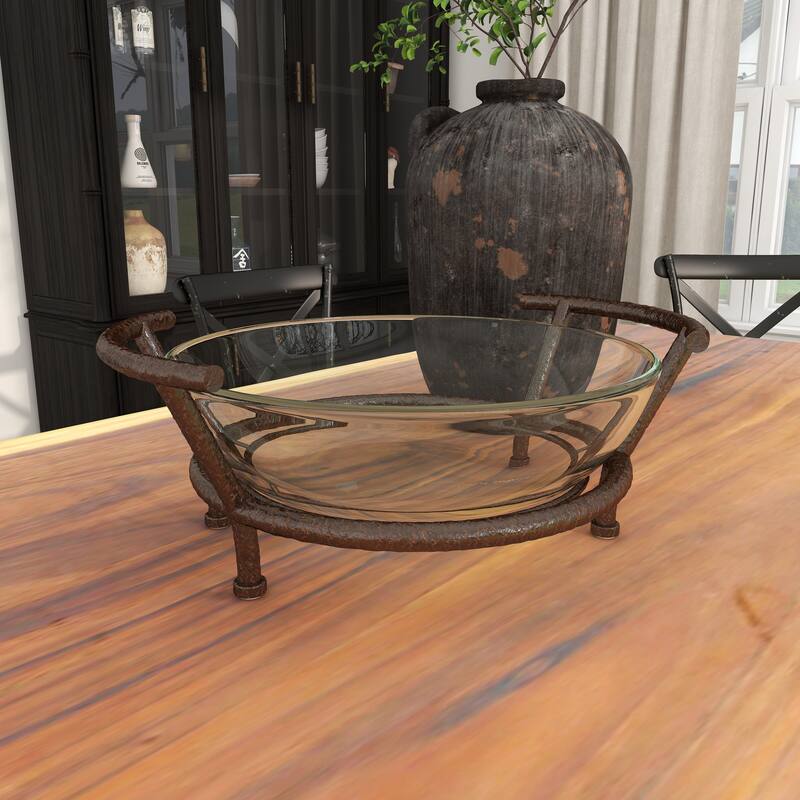 Clear Tempered Glass Kitchen Serving Bowl with Brown Metal Base