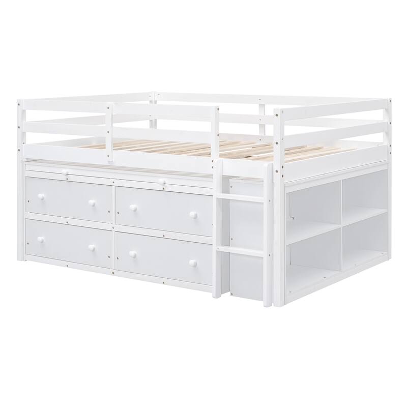 Full Size Loft Bed with Retractable Writing Desk and 4 Drawers