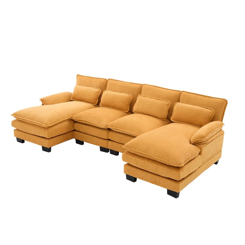 Symmetrical Chenille Upholstered Sectional Sofa U-shaped Cloud Couch with Double Chaise, Side Pockets and Double-layer Cushions