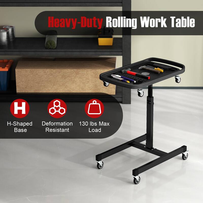 Black Metal Adjustable Tool Tray Cart with Casters and Removable Organizer - 30" L x 19" W x 31.5"-48.5" H