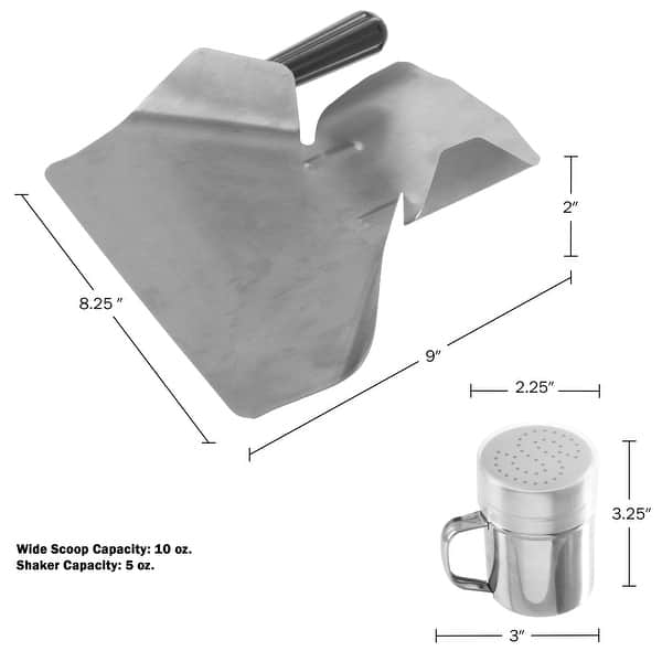dimension image slide 1 of 2, Great Northern Popcorn Scoop and Seasoning Shaker Set – 2-Piece Stainless-Steel Serving Accessories Kit