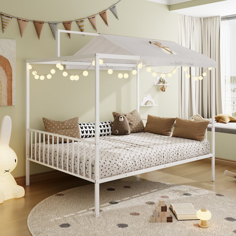 3-in-1 Convertible Metal Bed for Kids, Toddler Floor Bed, Fenced Bed and Montessori Elevated Bed with House-shaped Frame