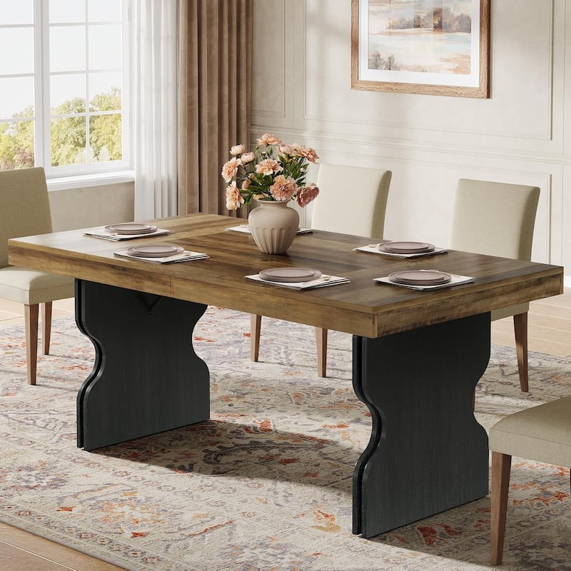 63-Inch Kitchen & Dining Room Table with Hourglass Shape Legs, Farmhouse Large Rectangle Kitchen Dinner Table -  Brown & Black