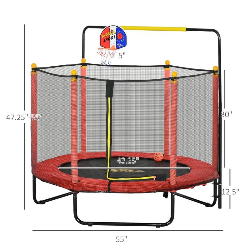 Qaba 4.6' Kids Trampoline with Basketball Hoop, Horizontal Bar, 55" Indoor Trampoline with Net