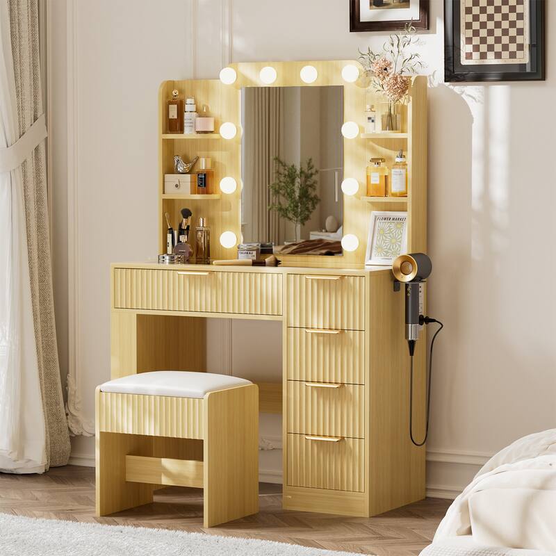 Transparent Tabletop Makeup Vanity Table / 2-Piece Vanity Desk and Stool Set with Charging Station