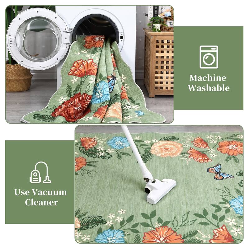 Area Rugs for Living Room Bedroom Washable Modern Floral Rug Scalloped Non-Slip Low Pile Carpet