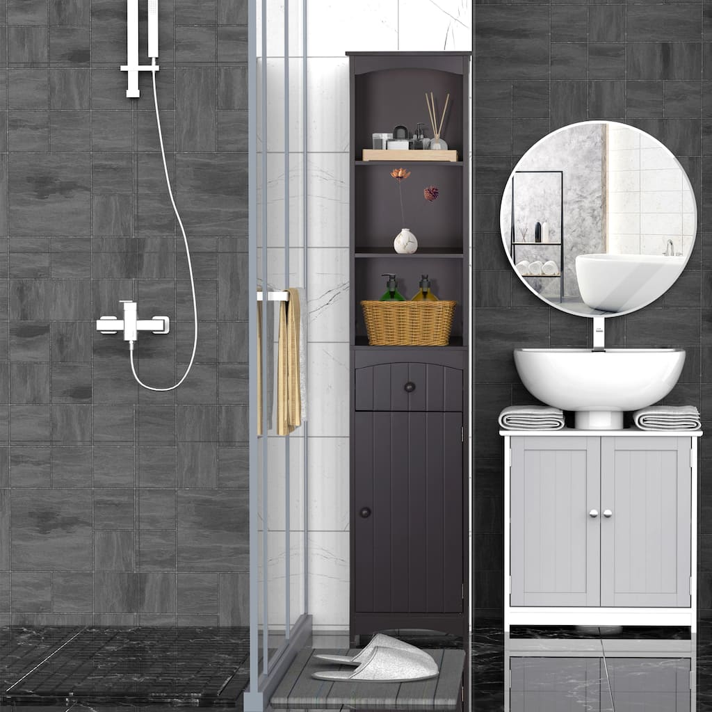 Bathroom Floor Cabinet Tall Corner Cabinet with 3 Open Shelves, Minimalist Toilet Paper Cabinet with Door