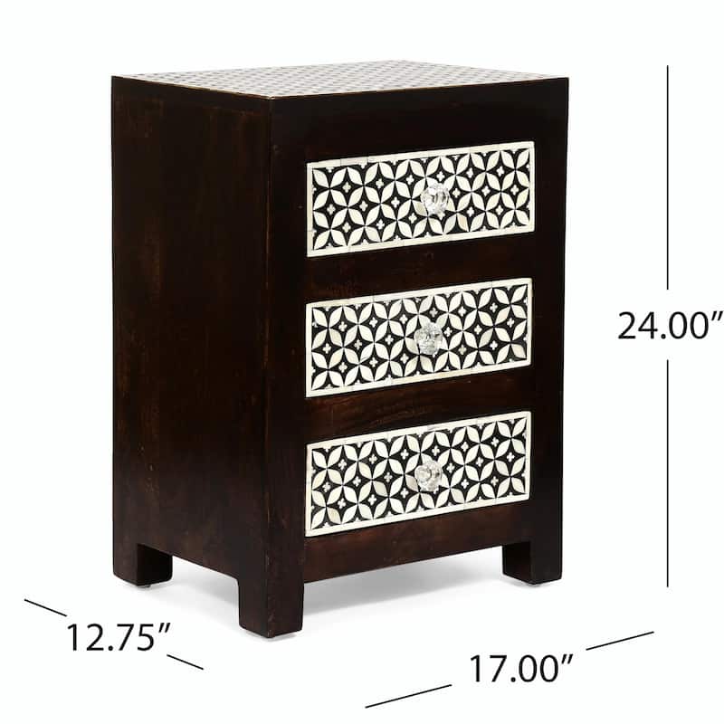 Boho Bone Inlay Nightstand - 3 Drawer Mango Wood, Handcrafted