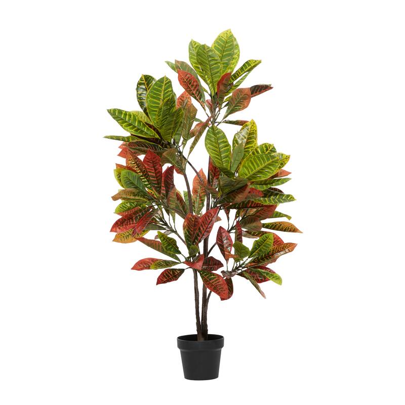 Faux Foliage Croton Artificial Plant with Realistic Leaves and Black Plastic Pot - Green - Roche River Decor