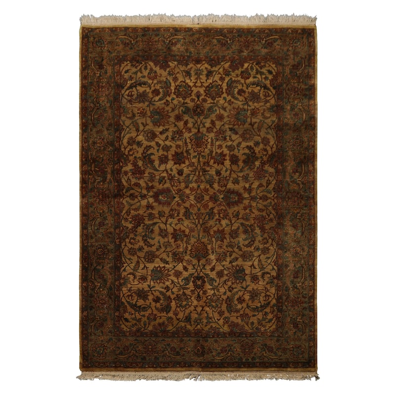 6'2''x9'5'' Hand Knotted Gold Wool Agra Botanical Gold Wash Silky Sheen Rug - 6' 2'' x 9' 5'' - 6' 2'' x 9' 5''