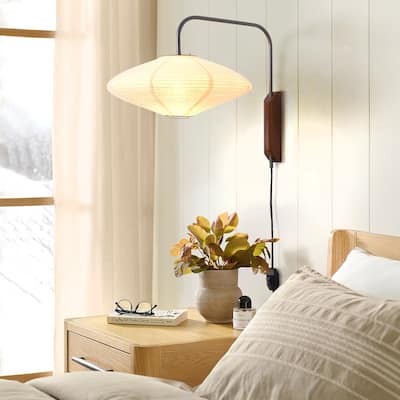 Roswell Wall Sconce - Matte Black, Handcrafted Shinpuru-sa Linen-Cotton Shade, Plug-in