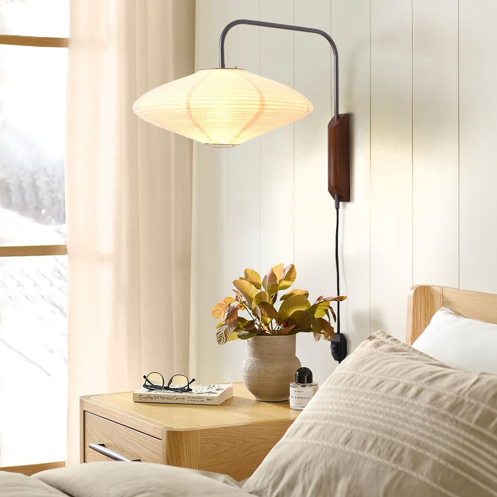 Roswell Wall Sconce - Matte Black, Handcrafted Shinpuru-sa Linen-Cotton Shade, Plug-in