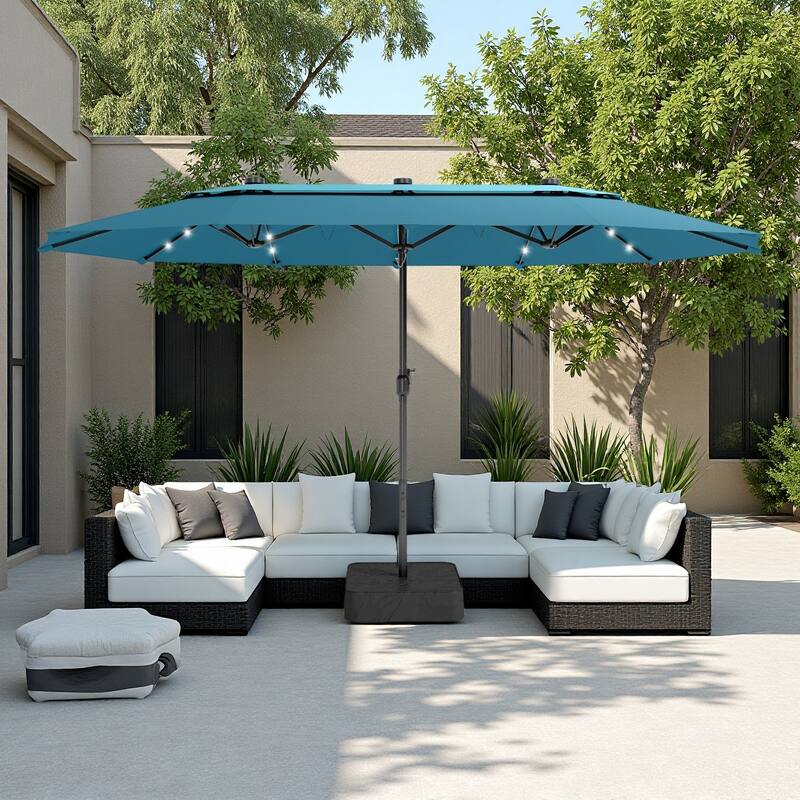 MAISON ARTS 15ft 2-Tier Large Patio Umbrella with Solar Lights, Double-Sided Outdoor Market Umbrellas with Base Included - BlueMix-Lights