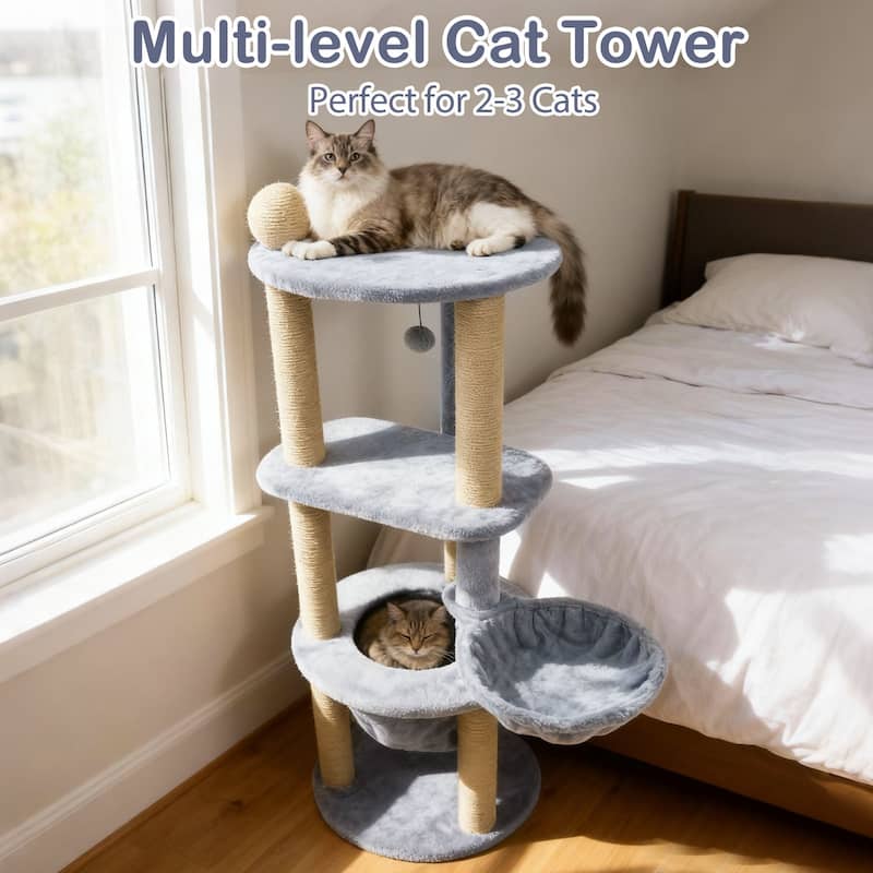 Gymax 48'' Tall Cat Towel w/Cat Nest Scratching Posts Ball Top Perch