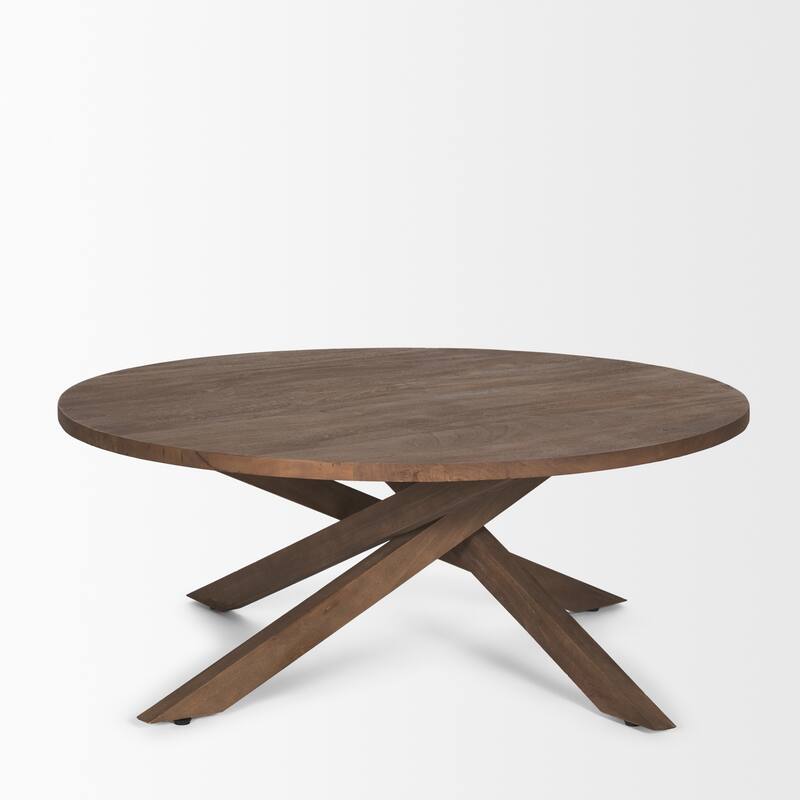 HomeRoots 42" Brown Solid Wood Round Cross Legs Coffee Table - 42' X '17' X '42