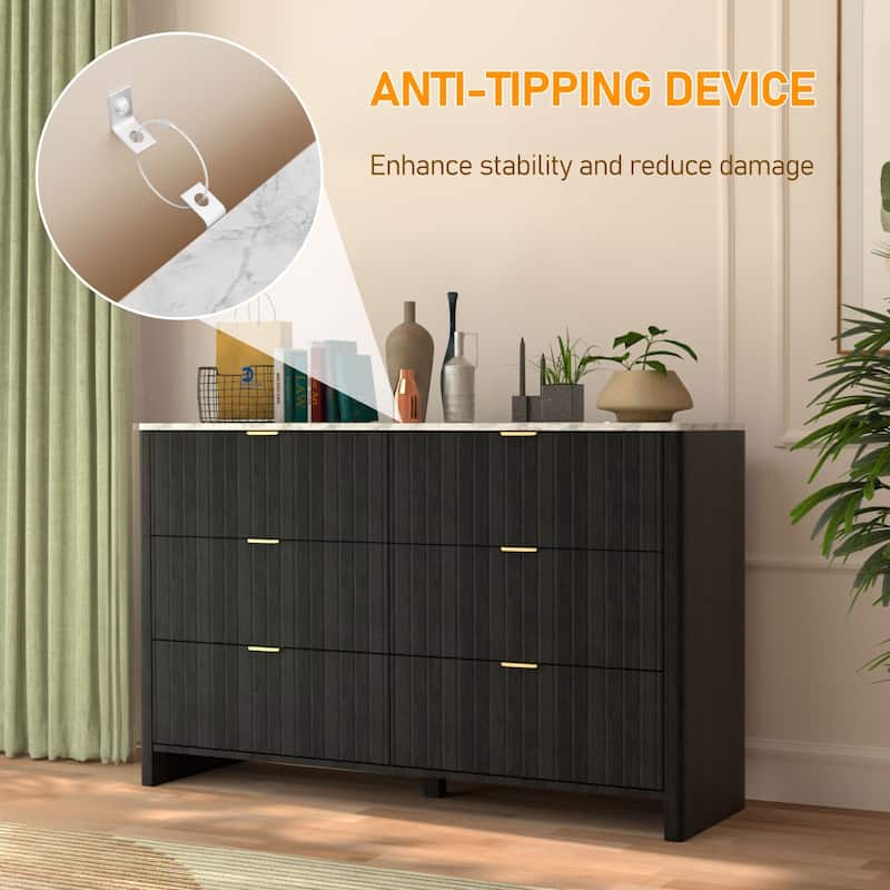 VEIKOUS 6-Drawer Dresser for Bedroom, Wooden Chest of Drawers with White Faux Marble Top