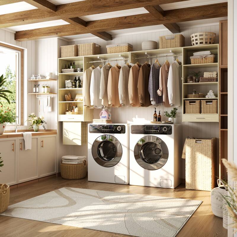 60'' Wall-mounted Closet System with Hanging Rods, Clothing Organizer with Tower Shelves for Laundry Room