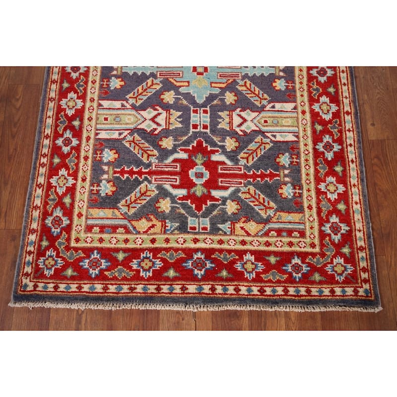 Geometric Kazak Accent Rug Hand-Knotted Blue Wool Carpet - 2'9" x 4'1"