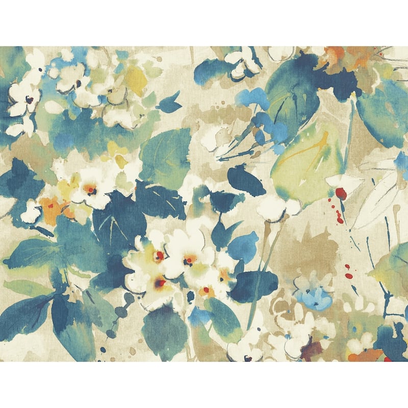 Seabrook Designs Chambon Watercolor Floral Unpasted Wallpaper - 27 in. W x 27 ft. L (approximately 60.75 sq. ft.) - Cerulean, Tan & Orange