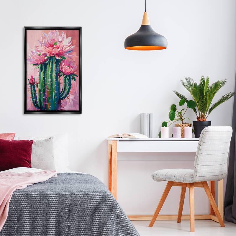 Stupell Pink Blossomed Cactus Framed Floater Canvas Wall Art Design By LSR Design Studio