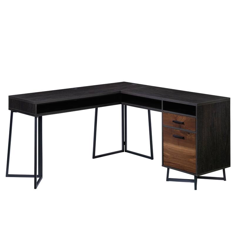 Wood L-Shaped Desk with 2 Drawers and Cubbyholes, Dark Walnut