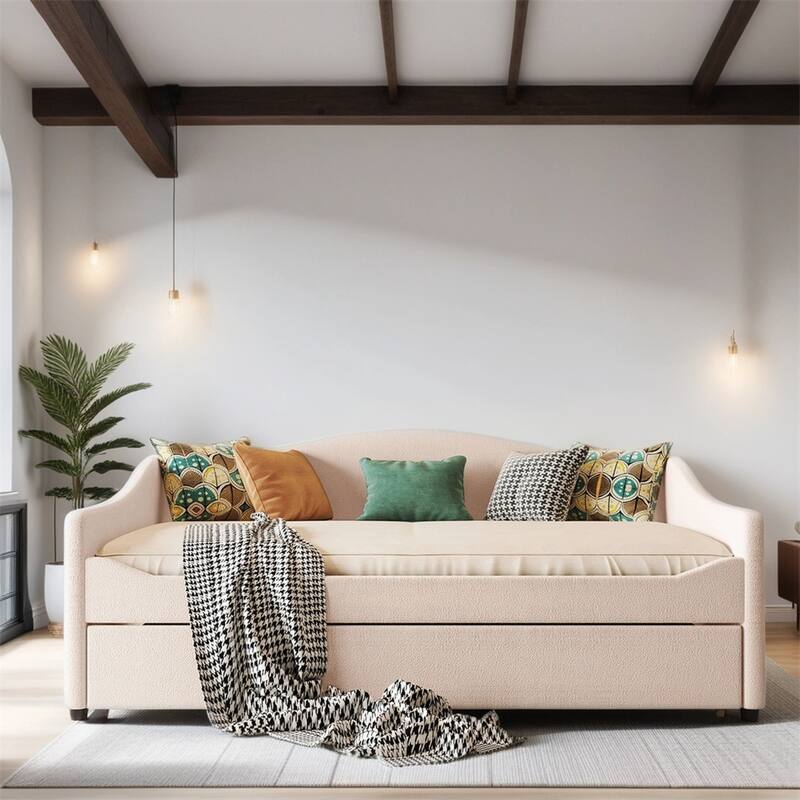 Full Size Upholstered Daybed with LED Light and Trundle - Beige